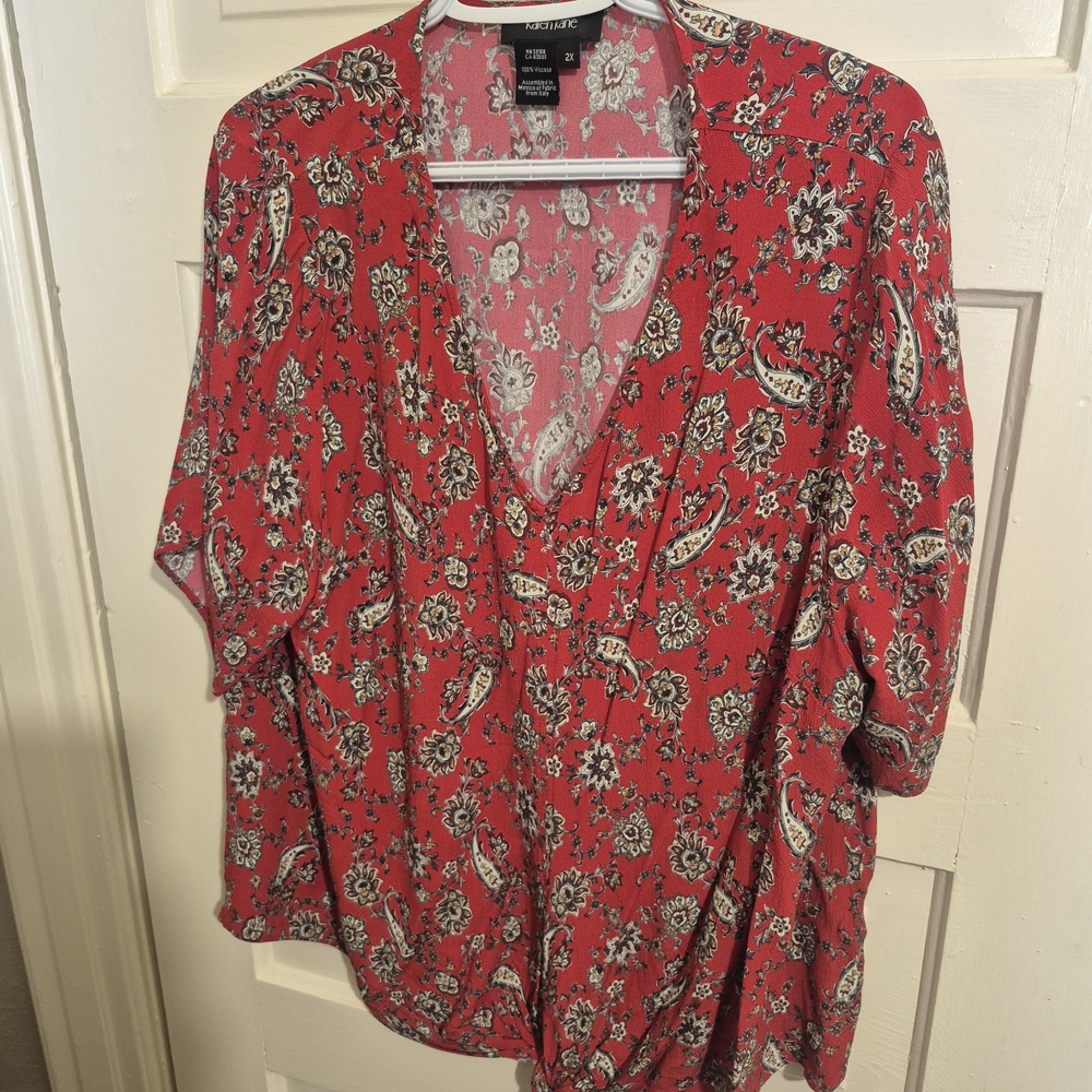 Karen Kane Red Floral Tie-Front Blouse Boho Western 2XL - Picture 2 of 6